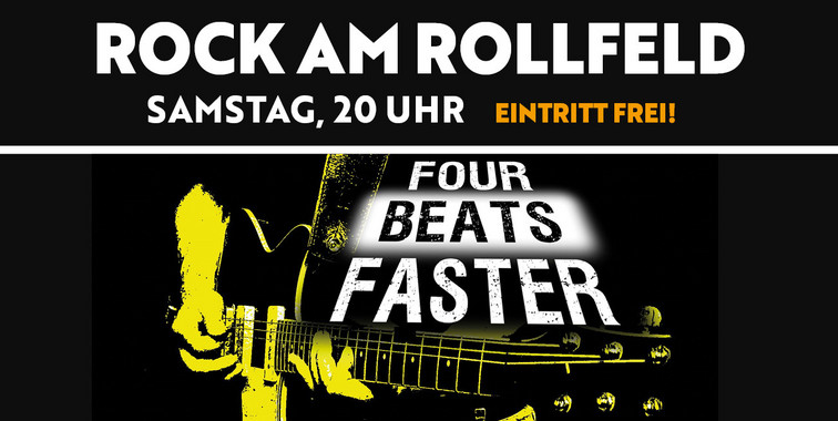 Eine Grafik mit dem Schriftzug „Rock am Rollfeld“, gestaltet mit rockigen Designelementen.