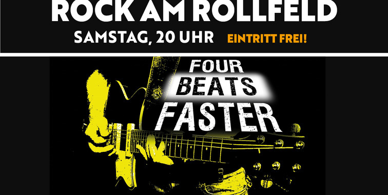 Eine Grafik mit dem Schriftzug „Rock am Rollfeld“, gestaltet mit rockigen Designelementen.