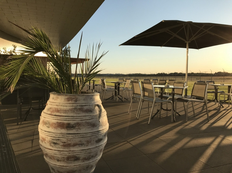 Terrasse mit modernen Sitzmöbeln und großem Sonnenschirm am Dornier Museum, im Vordergrund ein dekorativer Blumentopf, beleuchtet von der tief stehenden Abendsonne.